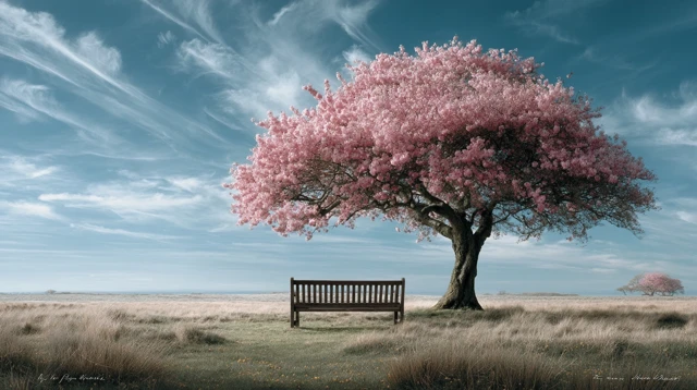 Spring Blossoms Bench Peaceful Field Scene