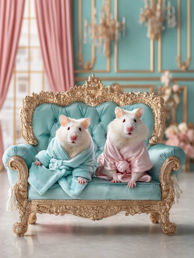 Cute Hamsters in Bathrobes Relaxing in Luxury