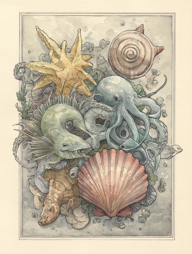 Watercolor Ocean Creatures Calming Underwater Scene