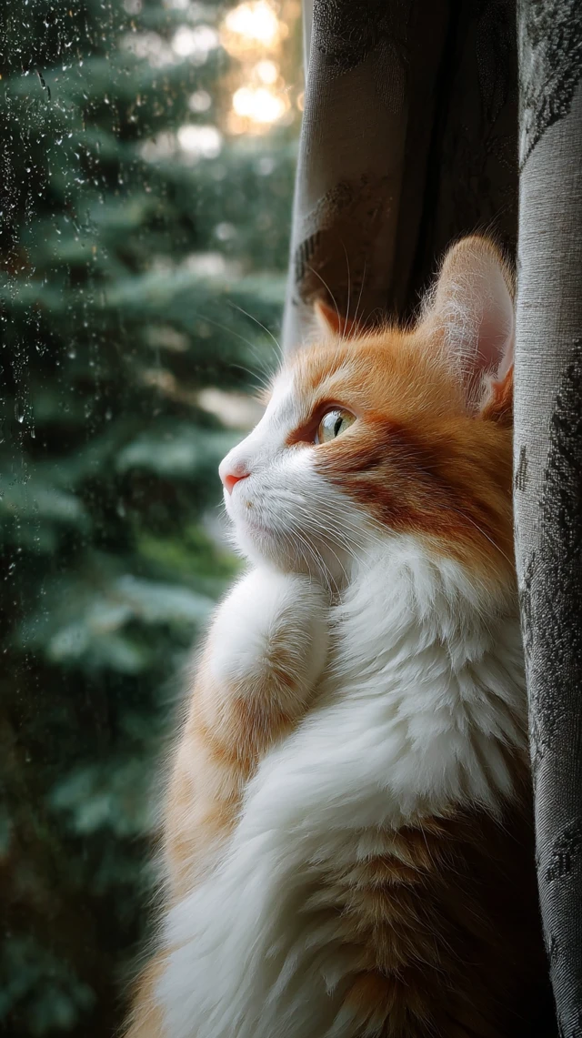 Contemplative Cat by Window Rainy Day