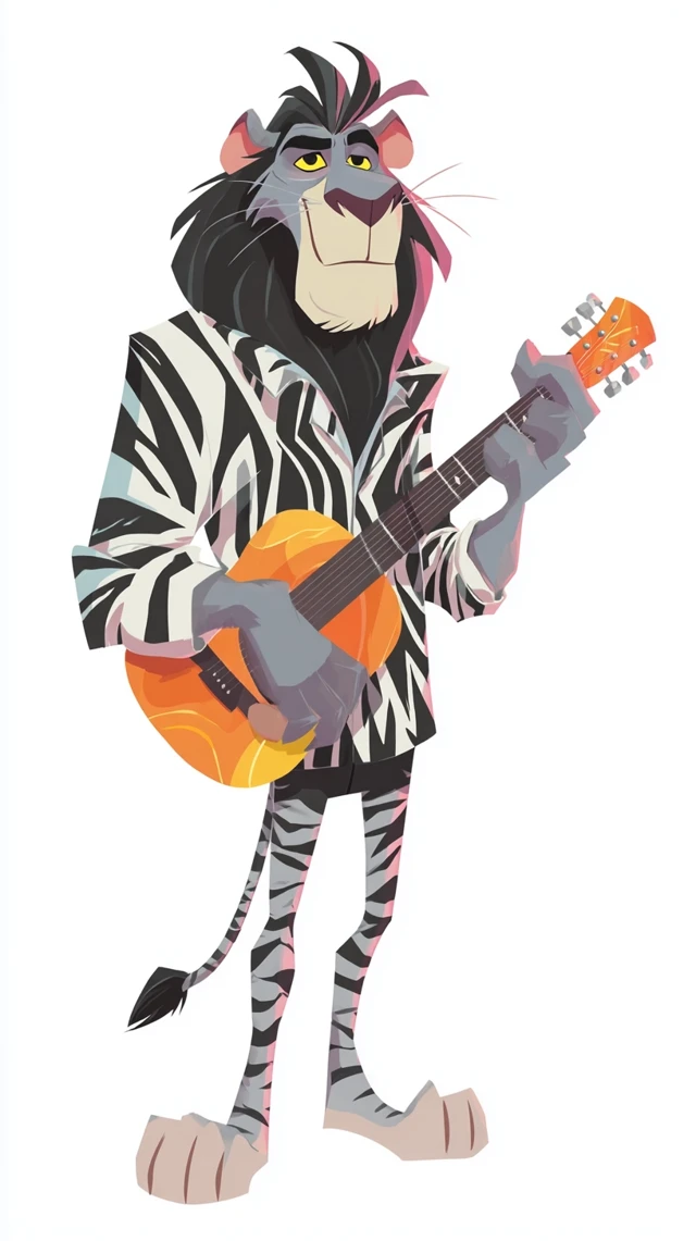 Cartoon Lion Musician with Guitar