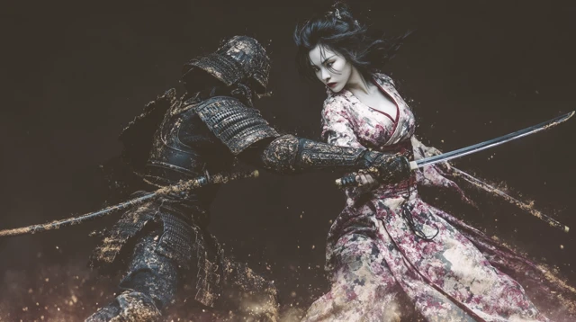 Geisha Samurai in Combat Striking Warrior Pose