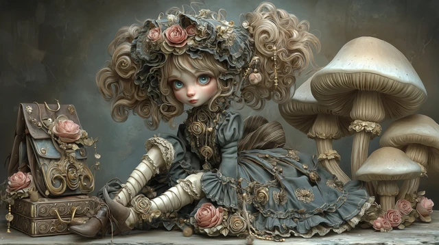 Cute Rag Doll Mushroom in Vintage Studio