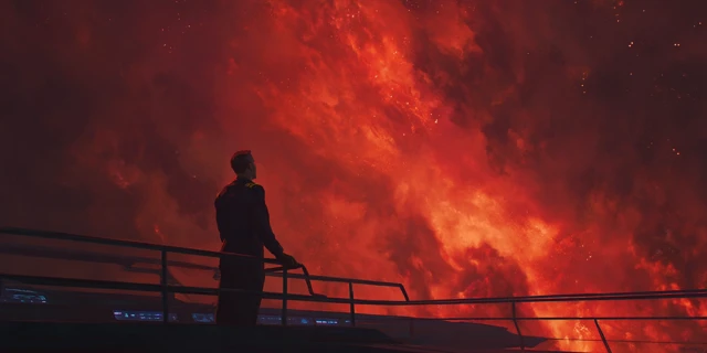 Admiral on Starship Bridge Red Nebula