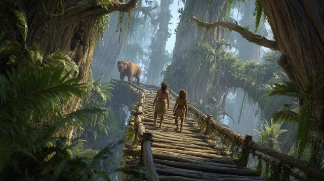 Primitive Tribe on Log Bridge Dinosaur Era UE5