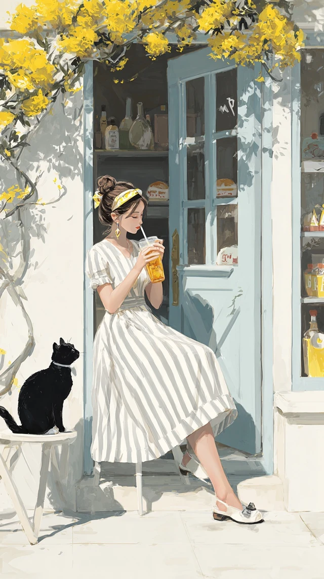 Girly Bakery Scene Woman Cat Gorse Illustration