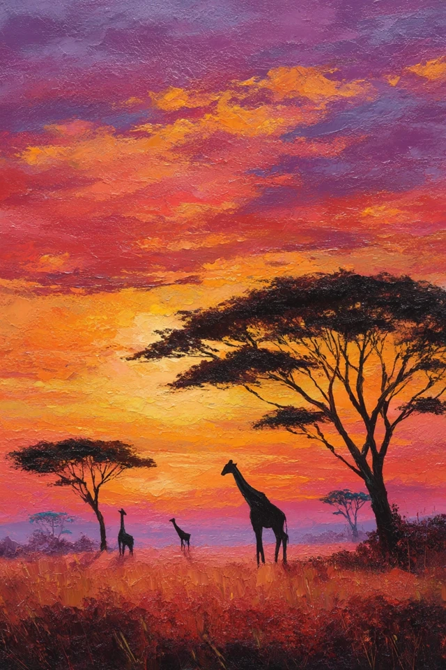 African Savannah Sunset Painting Giraffes Acacia Trees