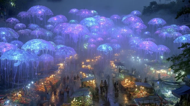 Futuristic Street Market Floating in the Clouds