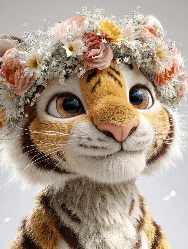 Cute Cartoon Tiger with Flower Wreath 3D Render