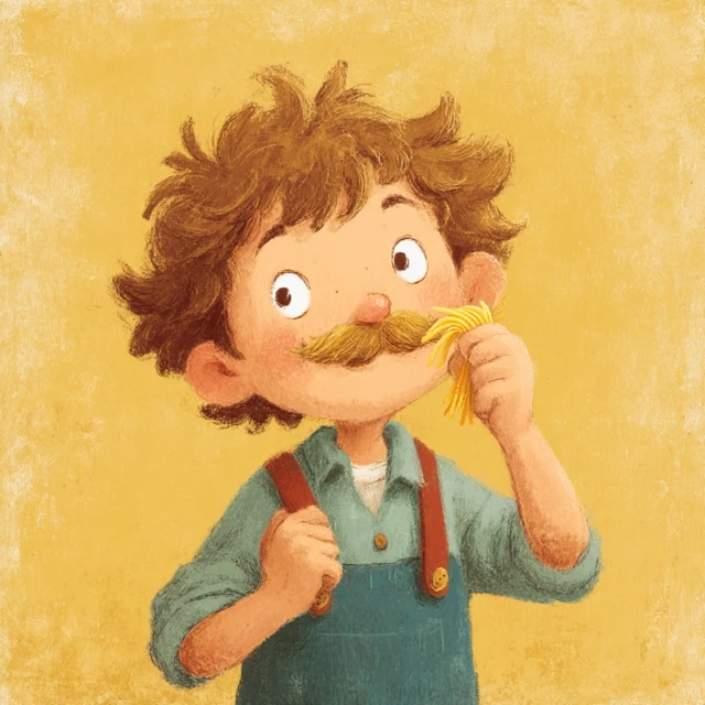 Boy with Pasta Mustache Childrens Book Illustration