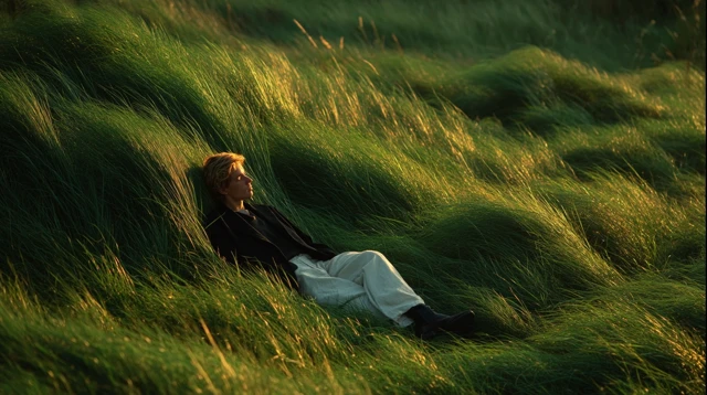 Serene Field Person Relaxing Golden Sunlight