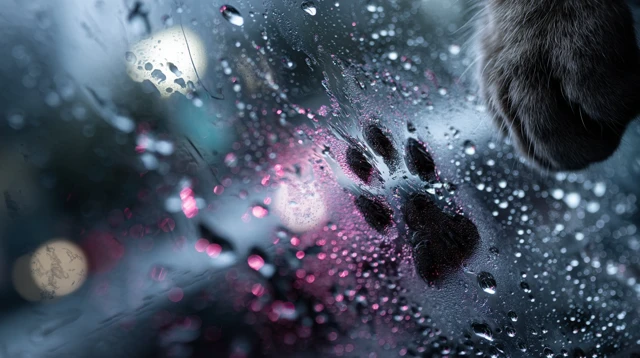 Cat Watching Rain - City Lights and Paw Prints
