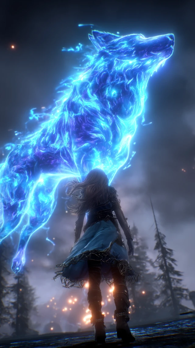 Girl and Glowing Wolf Fantasy Art