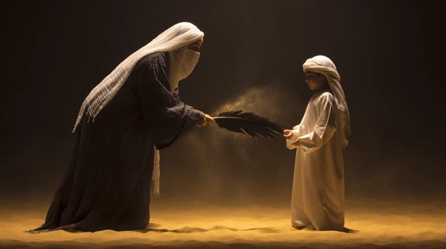 Emirati Woman and Boy Symbolic Moment Desert Night