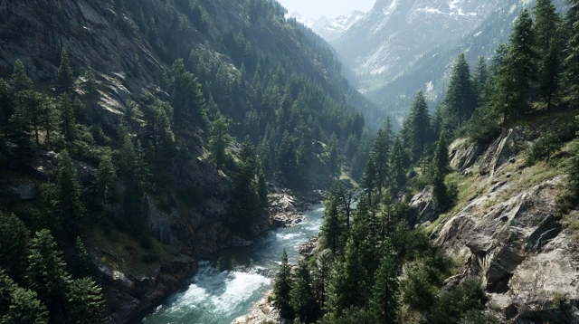 Mountain River Forest Scene 8k