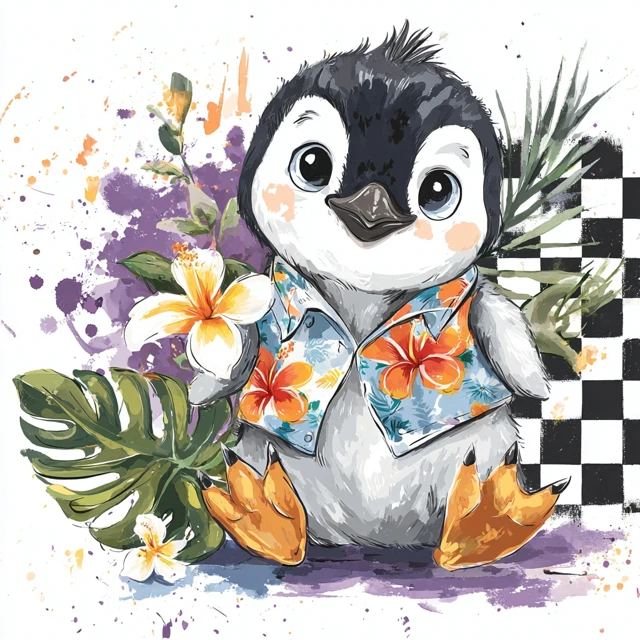 Baby Penguin in Hawaii Shirt Watercolor Art