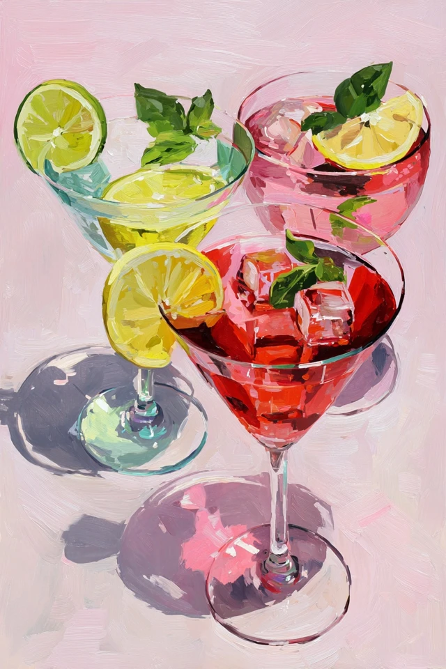 Cocktail Painting Martini Glasses with Lemon Lime and Mint
