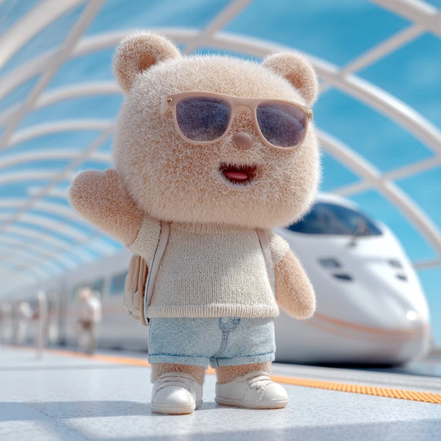 Fluffy Bear Character At Train Station 3D Illustration