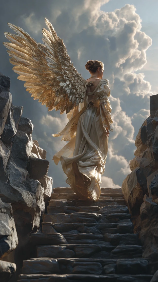 Angel with Golden Wings on Stone Staircase