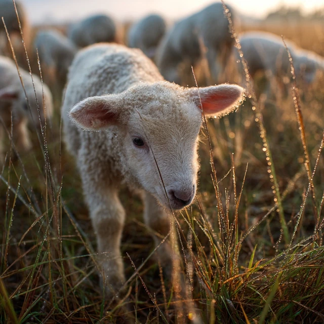 Lamb Grazing in Morning Grassland Dewdrops