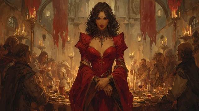 Regal Vampire Socialite in Red Robes Fantasy Art