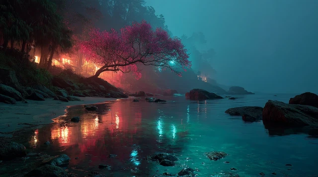 Night Beach Scene Cinematic Lights Reflections