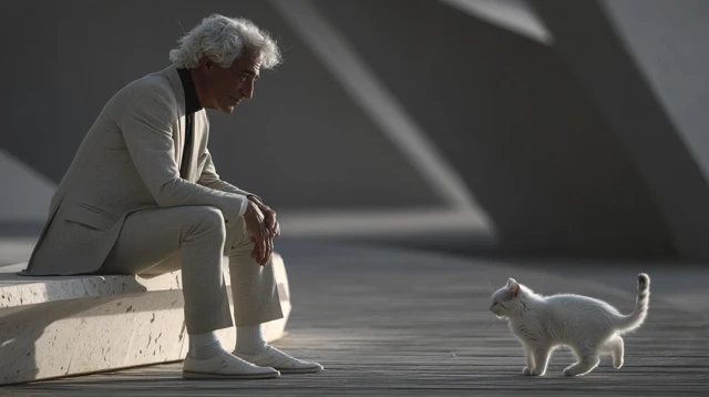 Man and White Kitten Cinematic Scene