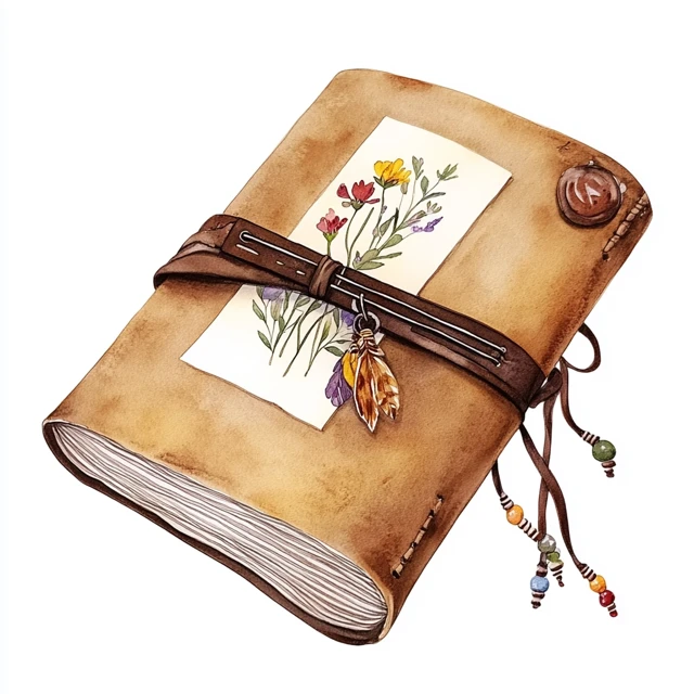Boho Style Leather Journal with Pressed Flowers Watercolour Art