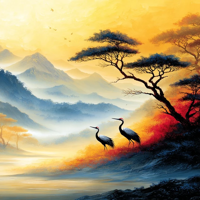 Roger Dean Inspired Landscape with Birds and Sunset