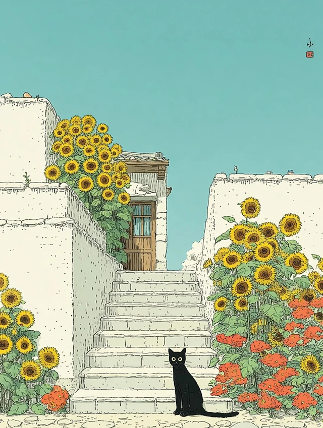 Black Cat on Stairs Hokusai Tatsuro Kiuchi Art