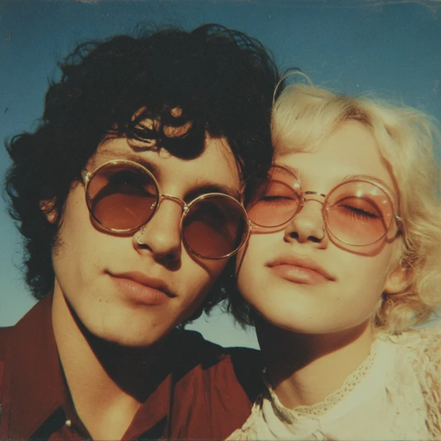 70s Retro Couple Photo: Sunglasses, Curls, and Style