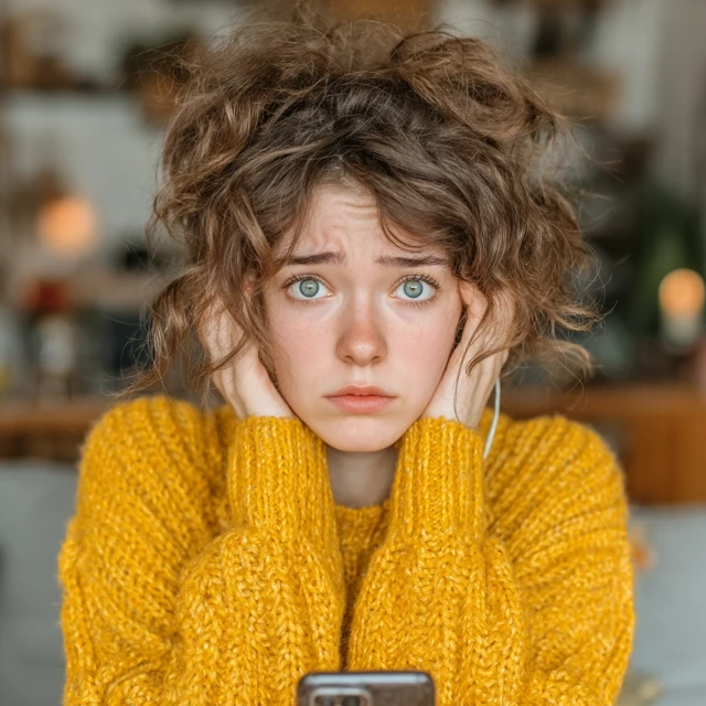 Girl Listening to Voice Message in Fright Real Photo