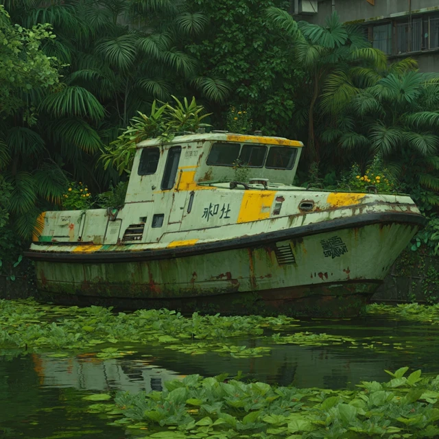 Abandoned Boat in Lush Jungle Cinematic Artwork