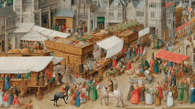 Medieval Market Scene Ivory Copper Textiles