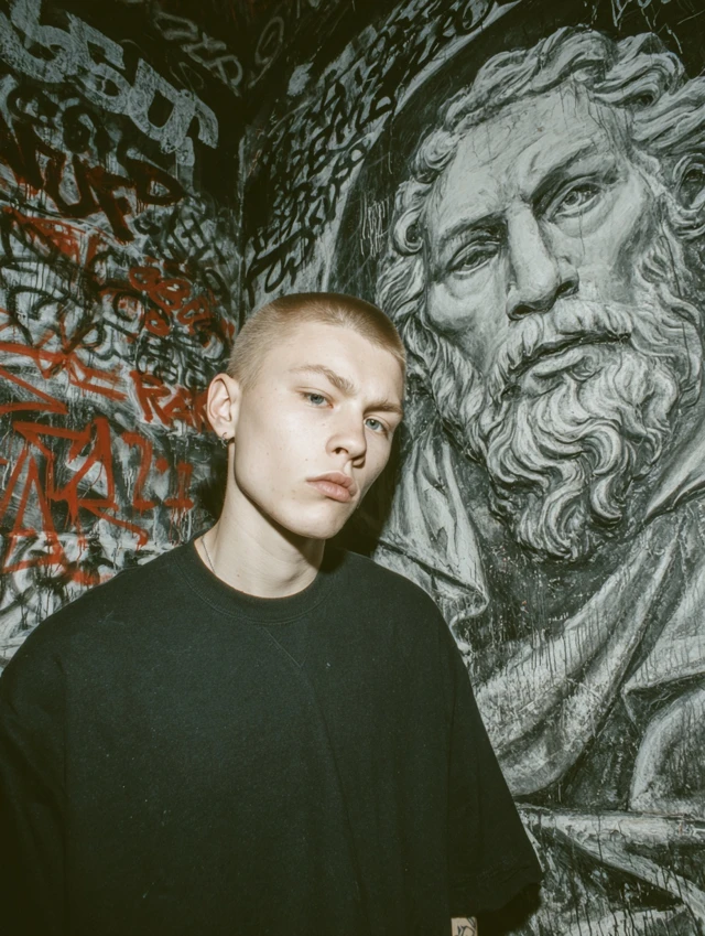 Goth Model Buzzcut Graffiti Statue Photography