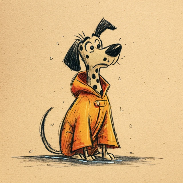 Cartoon Spotted Dog in a Raincoat