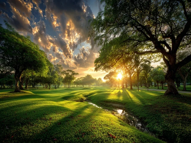 Beautiful Park at Sunset Green Grass and Trees