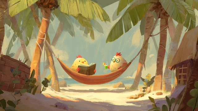 Lazy Chickens Chilling in Hammocks Palm Trees