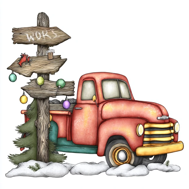 Vintage Red Truck Christmas Illustration