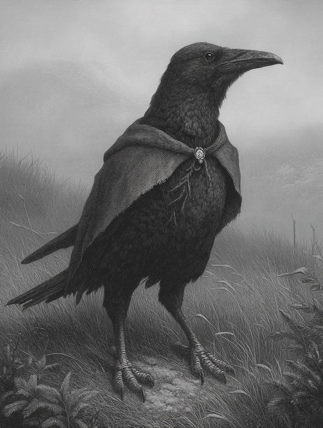 Engraved Crow Knight Errant in Windswept Landscape