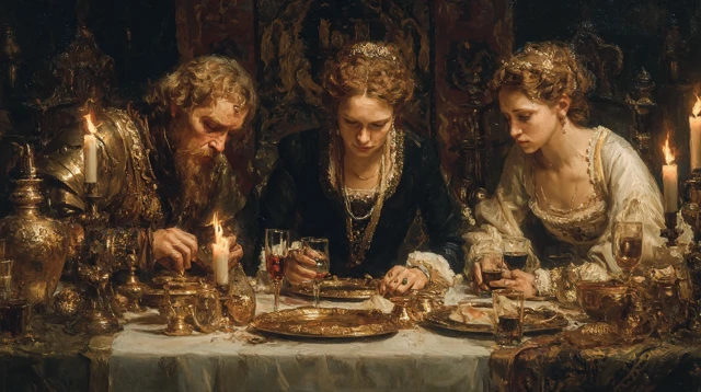 Renaissance Banquet Painting Noble Figures Candlelight