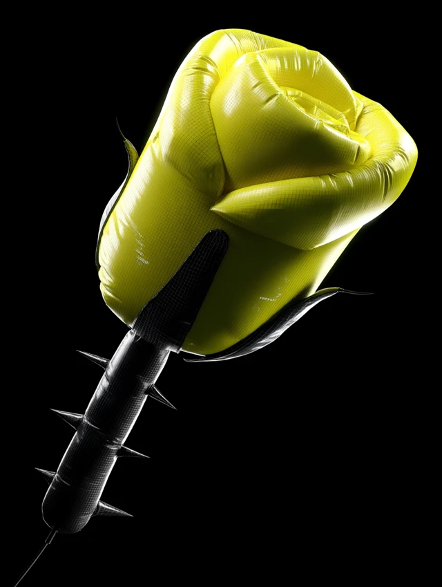 3D Render Yellow Inflatable Rose on Black Background