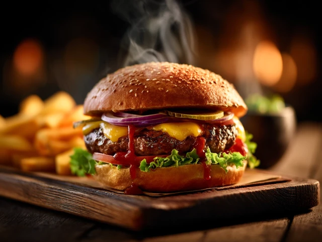 Juicy Burger with Melted Cheese and Fries