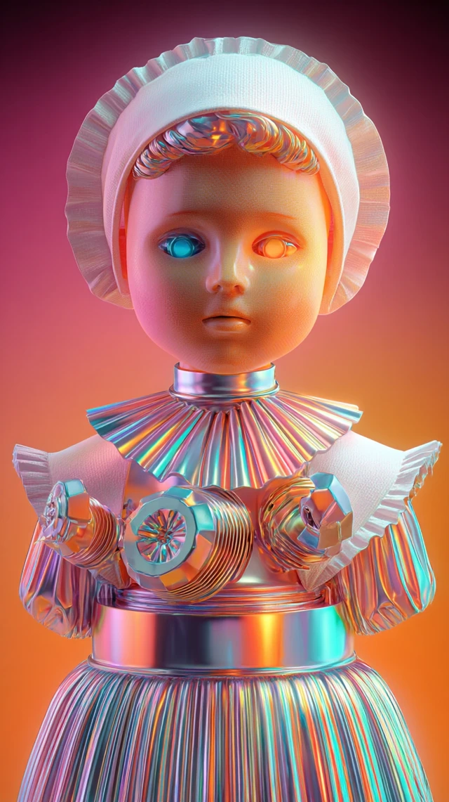 Surreal Hybrid Doll Portrait Chrome Flower Engine