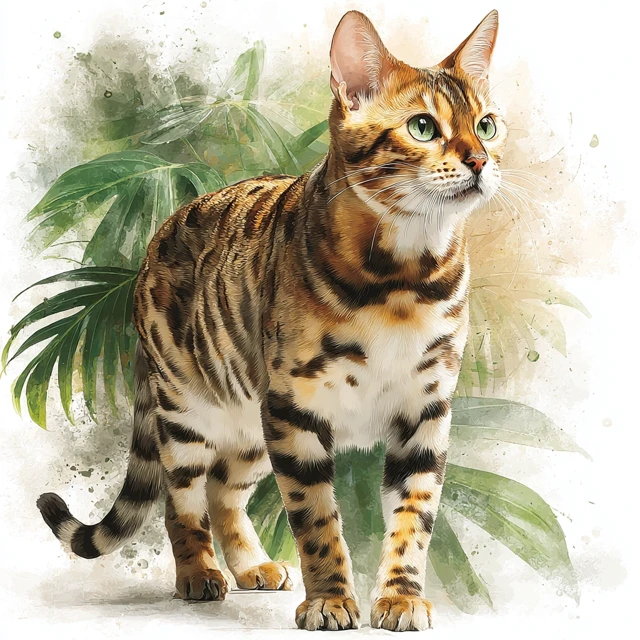 Bengal Cat Watercolor Illustration Alert and Focused