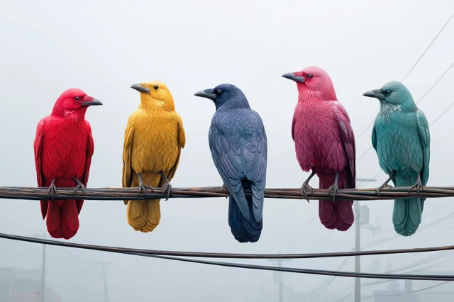 Colorful Crows Perched on Power Line
