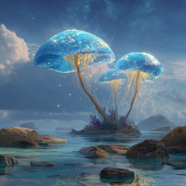 Glowing Mushrooms in Water Fantasy Art
