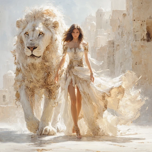 Israeli Girl and Lion Spirit: Fantasy Art