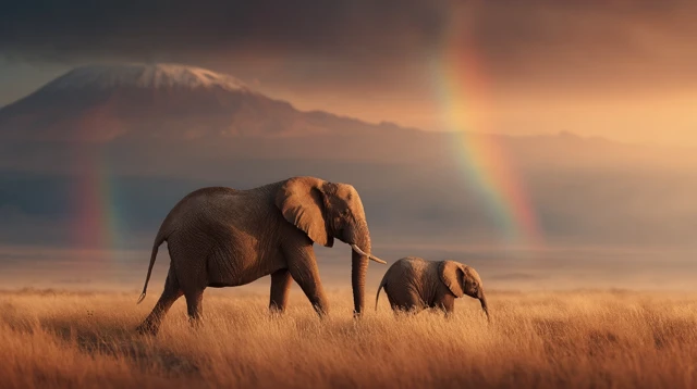 Mother Elephant and Calf on Savannah at Sunrise