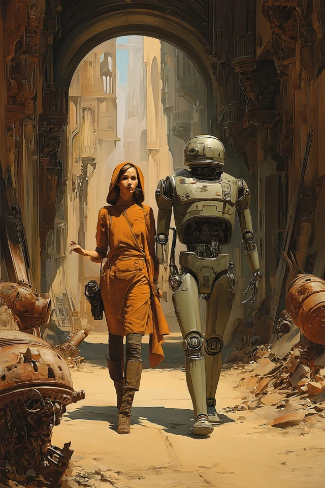 Retro SciFi Explorer and Robot in Alien City